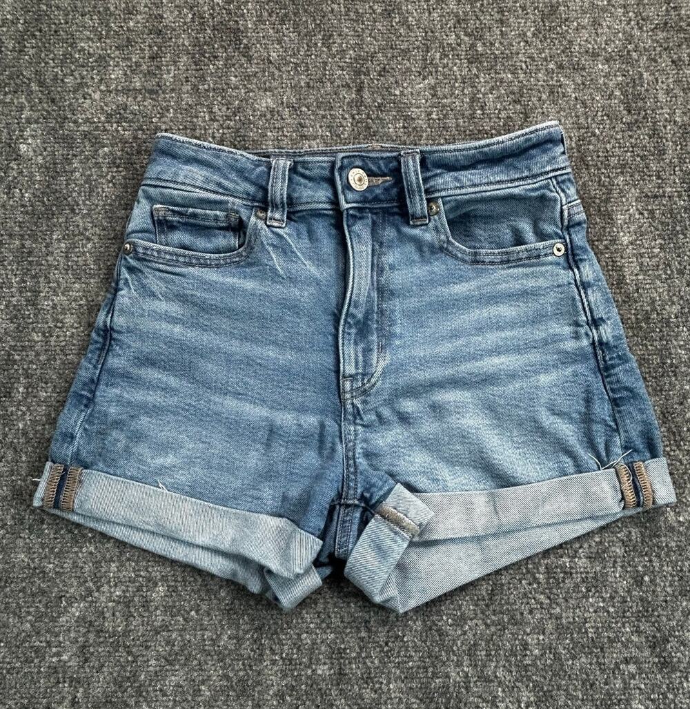 American Eagle Next Level Stretch High Rise Denim Shorts Women's 000 Blue Cuffed